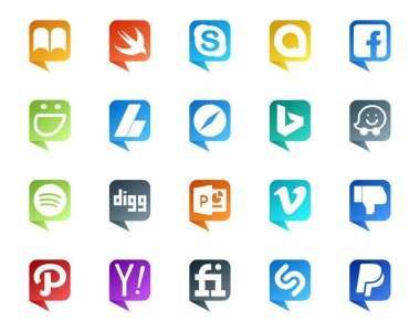 20 Sosyal Medya Konuşma Kabarcık Tarzı Logosu video gibi. Güç noktası. Reklam. digg. dalga