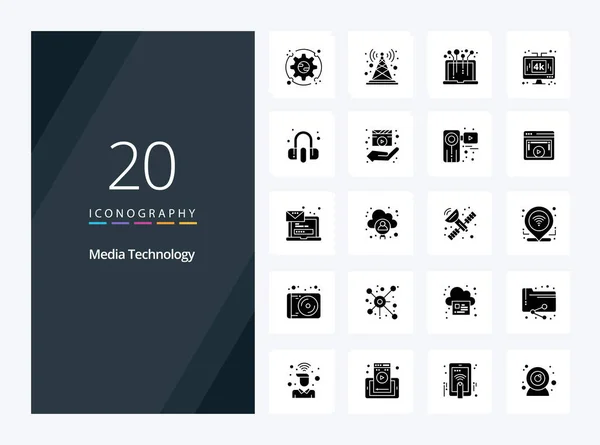 20用于演示的媒体技术固体象形文字图标 — 图库矢量图片