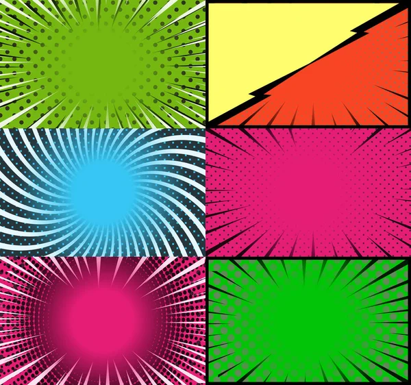 Comic Book Colorful Frames Background Halftone Rays Radial Dotted Effects — Stock Vector