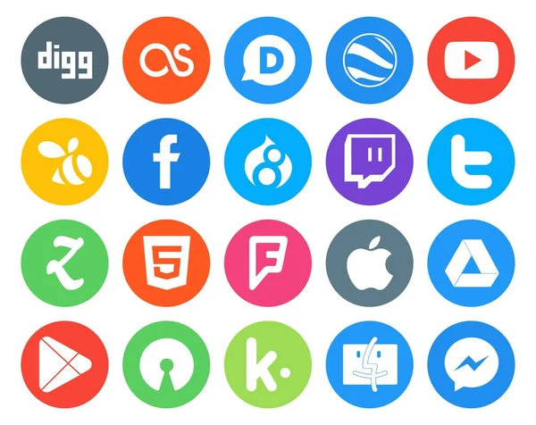 Paquete Iconos Redes Sociales Incluyendo Google Play Manzana Drupal Cuadrado — Vector de stock