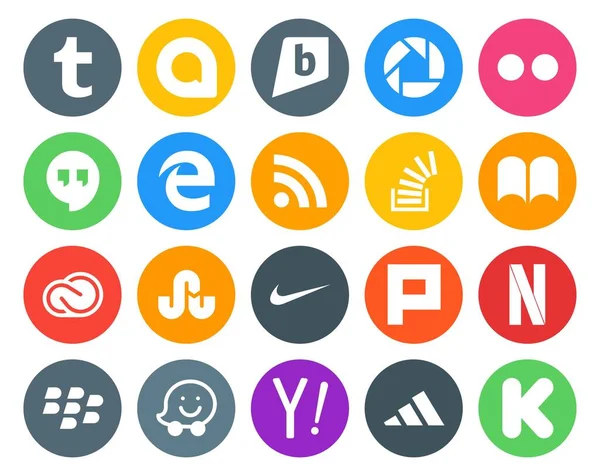 Paquete Iconos Redes Sociales Incluyendo Nike Adobe Desbordamiento Existencias Ibooks — Vector de stock