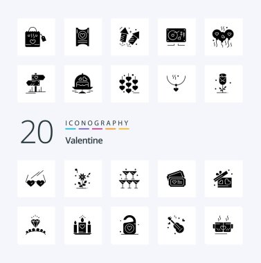 20 Sevgililer Günü Katı Glyph ikonu Aşk dolu akşamdan kalma sevgililer günü paketi gibi