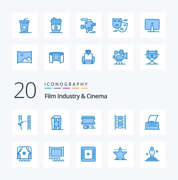 20塞尼玛蓝色图标像电影打字机一样包装动画文字电影剧本 — 图库矢量图片