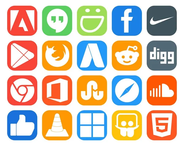 Social Media Icon Pack Inclusief Soundcloud Safari Browser Struikelde Chroom — Stockvector