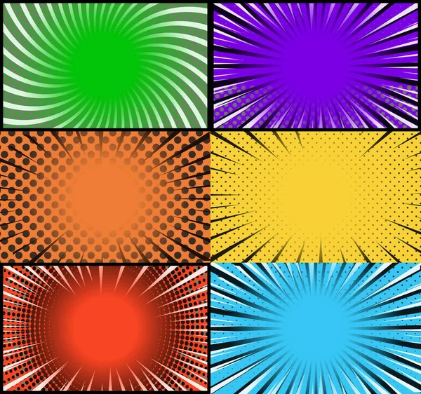 Comic Book Colorful Frames Background Halftone Rays Radial Dotted Effects — Stock Vector