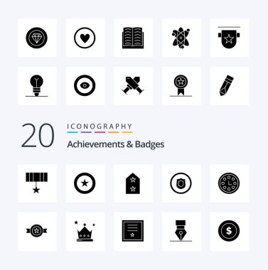 20 Başarı Rozeti Katı Glyph simgesi Paketi Ödül Kalkanı Ordu Güvenlik Ödülü gibi