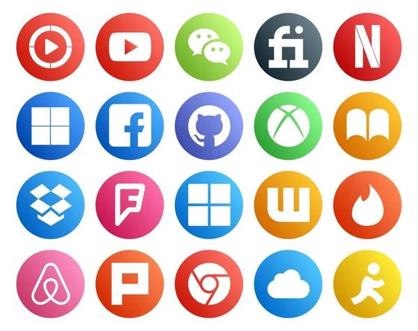 Social Media Icon Pack Inklusive Tinder Microsoft Utsökt Fyra Kvadrat — Stock vektor