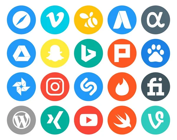Kelime Baskısı Dahil Sosyal Medya Simgesi Paketi Tinder Snapchat Shazam — Stok Vektör
