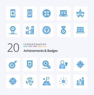 20 Başarı & Rozet Mavi Renk simgesi paketi. Başarı gibi. Hedef. Başarı. Kurdele. en iyisi