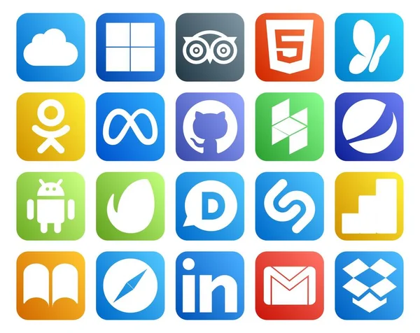 Social Media Icon Pack Включая Ibooks Shazam Facebook Disqus Android — стоковый вектор