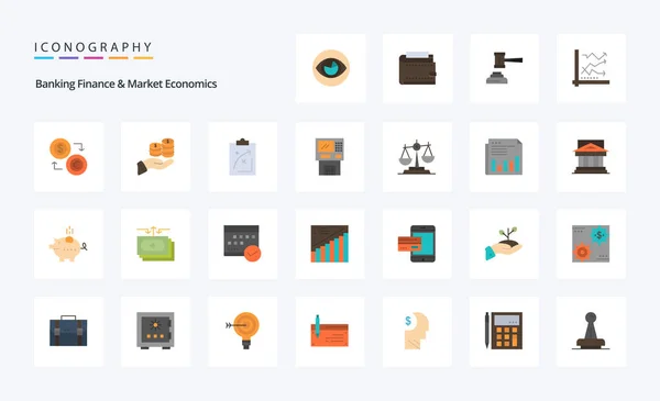 Bancaire Financiën Markt Economie Flat Color Pictogram Pack — Stockvector
