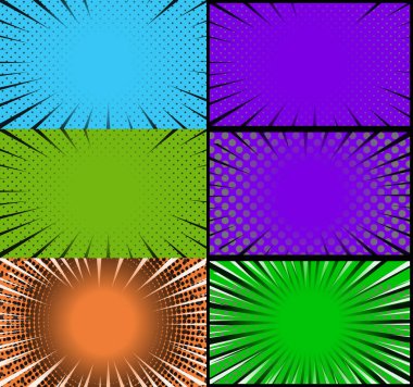 Çizgi roman renkli çerçeve arka plan yarım ton ışınları radyal ve noktalı efektler pop sanat tarzı