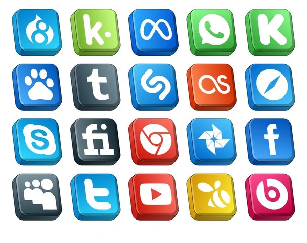 Paquete Iconos Redes Sociales Incluyendo Facebook Cromo Shazam Fiverr Skype — Archivo Imágenes Vectoriales