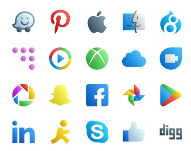 Bağlı 20 Sosyal Medya Simgesi Paketi. Google oyunu. xbox. Fotoğraf. snapchat