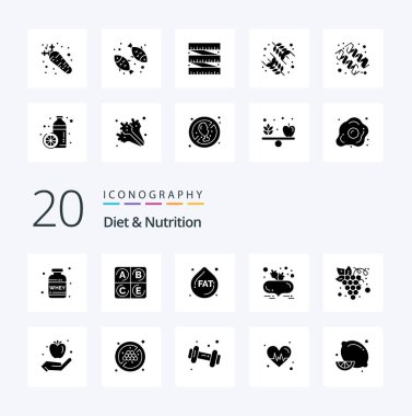 20 Diyet ve Beslenme Katı Glyph simgesi. Organik meyve suyu diyeti gibi.