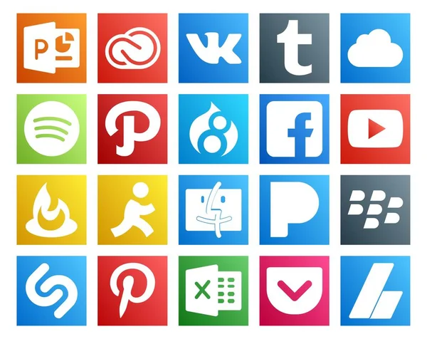 Paquete Iconos Redes Sociales Incluyendo Blackberry Buscador Camino Apunta Vídeo — Vector de stock