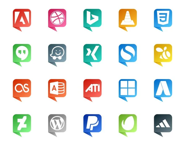 20ソーシャルメディアスピーチバブルスタイルのロゴは逸脱した芸術のように マイクロソフトだ ワイズ アティ ラストフム — ストックベクタ