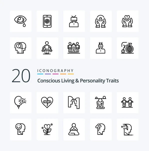 Concious Living Personality Traits Line Icon Pack Mind Concentration Heart — Archivo Imágenes Vectoriales