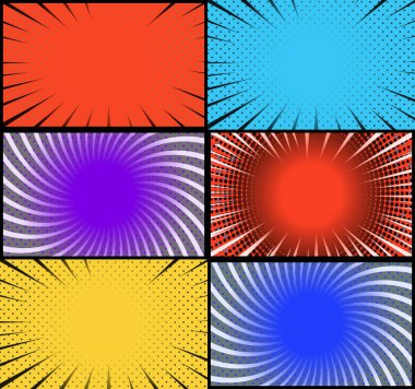 Çizgi roman renkli çerçeve arka plan yarım ton ışınları radyal ve noktalı efektler pop sanat tarzı