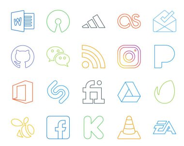 Facebook dahil 20 Sosyal Medya Simgesi Paketi. envato. Evet. Google sürücüsü. shazam
