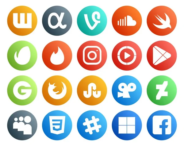 Social Media Icon Pack Inkludert Snubletråkk Brannrev Tinder Gruppe Googlelek – stockvektor