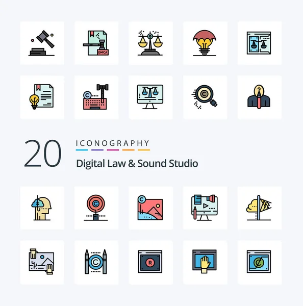 Digital Law Sound Studio Line Gevuld Kleur Pictogram Pack Zoals — Stockvector