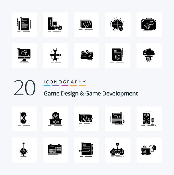 20游戏设计和游戏开发固体象形文字图标包装像购物车主游戏新 — 图库矢量图片
