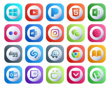 Görünüm dahil 20 Sosyal Medya Simgesi Paketi. Krom. instagram. Vızılda. digg