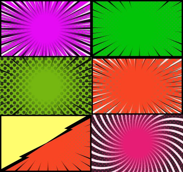 Komiks Kolorowe Ramki Tło Promieni Półtonowych Promieniowanie Radialne Punktowane Efekty — Wektor stockowy