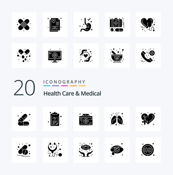 20 Health Care And Medical Solid Glyph icon Pack like health medical first aid kit lungs care
