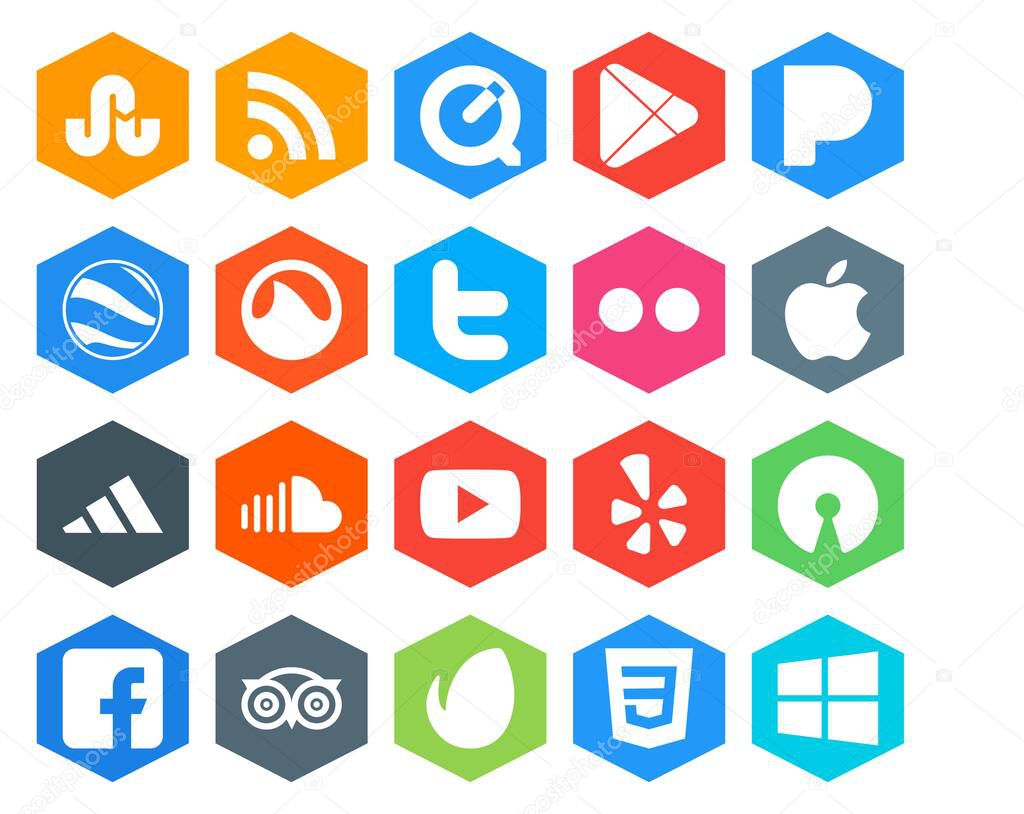 20 Paquete de iconos de redes sociales Incluyendo video. música. twitter.  Sonido. adidas 2023