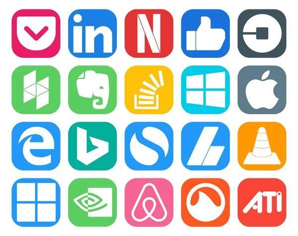 Social Media Icon Pack Включая Простой Край Ecote Яблоко Переполнение — стоковый вектор