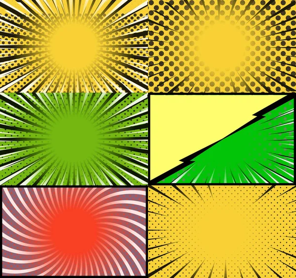 Komiks Kolorowe Ramki Tło Promieni Półtonowych Promieniowanie Radialne Punktowane Efekty — Wektor stockowy