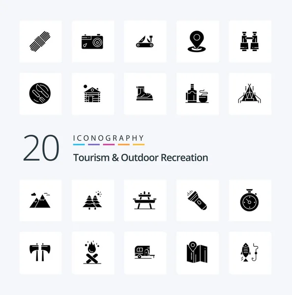 20 Tourism And Outdoor Recreation Solid Glyph icon Pack like compass torch bench light picnic