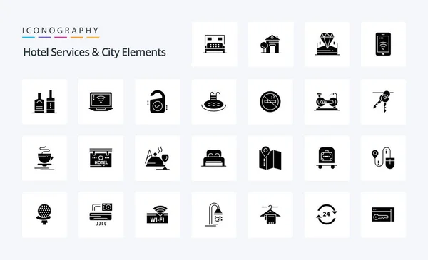 Hotel Services Και City Elements Στερεά Glyph Εικονίδιο Πακέτο — Διανυσματικό Αρχείο