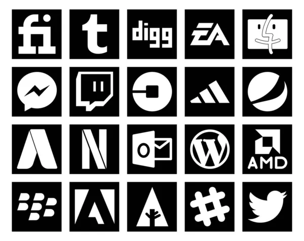 Social Media Icon Pack Inklusive Wordpress Nettflix Ryckningar Ord Adidas — Stock vektor