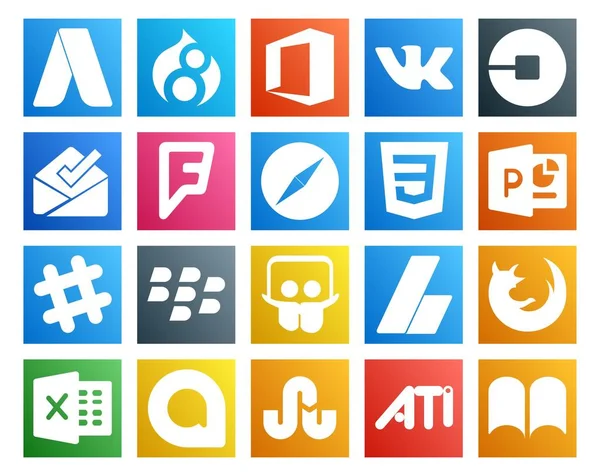 Social Media Icon Pack Включая Adsense Ежевика Forursquare Поболтать Powerpoint — стоковый вектор