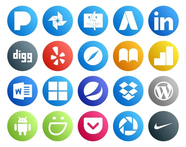 Paquete Iconos Redes Sociales Incluyendo Androide Wordpress Navegador Dropbox Microsoft — Vector de stock