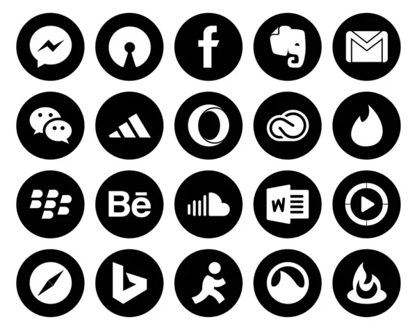 Social Media Icon Pack Inclusief Soundcloud Zwarte Bessen Een Boodschapper — Stockvector