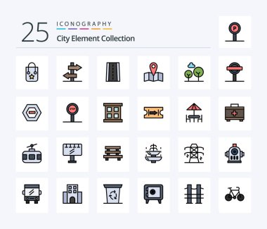 City Element Collection 25 Line Filled icon pack including sign. tree. road. evergreen tree. journey