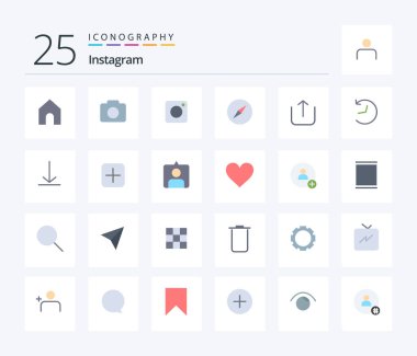 Instagram 25 Flat Color icon pack including logo. upload. photo. up. navigation
