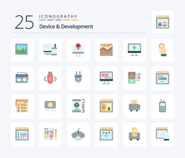 Device And Development 25 Flat Color icon pack including monitor. report. computer . website. analysis