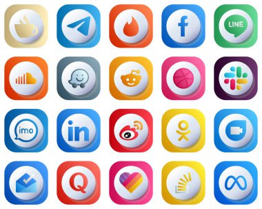 Cute 3D Gradient Icons for Major Social Media 20 pack such as slack. reddit. fb. waze and sound icons. Modern and High-Resolution