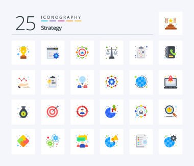 Strategy 25 Flat Color icon pack including strategy. clipboard. seo. level. balance scale