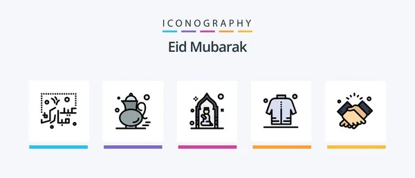 Eid Mubarak Line Filled Icon Pack Including Ribbon Cresent Shopping — Stock Vector