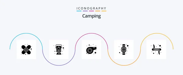 Camping Glyph Icon Pack Including Army Victorinox Sport Knife Watch — Stockvektor