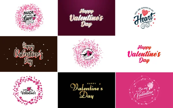 Happy Valentine Day Typography Design Watercolor Texture Heart Shaped Wreath — Vetor de Stock