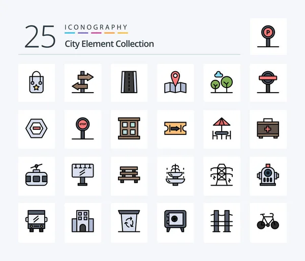 City Element Collection Line Filled Icon Pack Including Sign Tree — Wektor stockowy