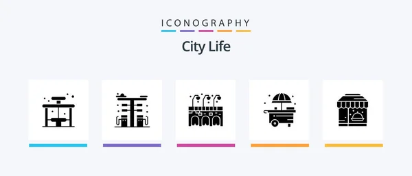 City Life Glyph Icon Pack Including Hotel City Pump Shop — Vector de stock