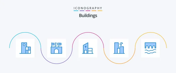 Buildings Blue Icon Pack Including Moon City Sports Monastery Church — Stockvector